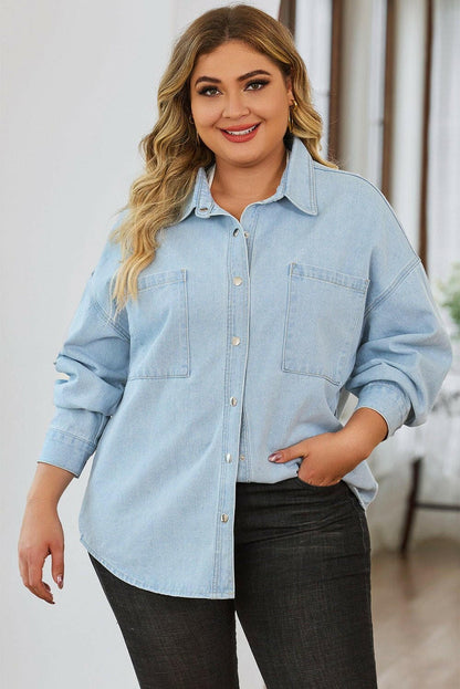 Plus Size Snap Down Pocketed Denim Jacket - Love Salve