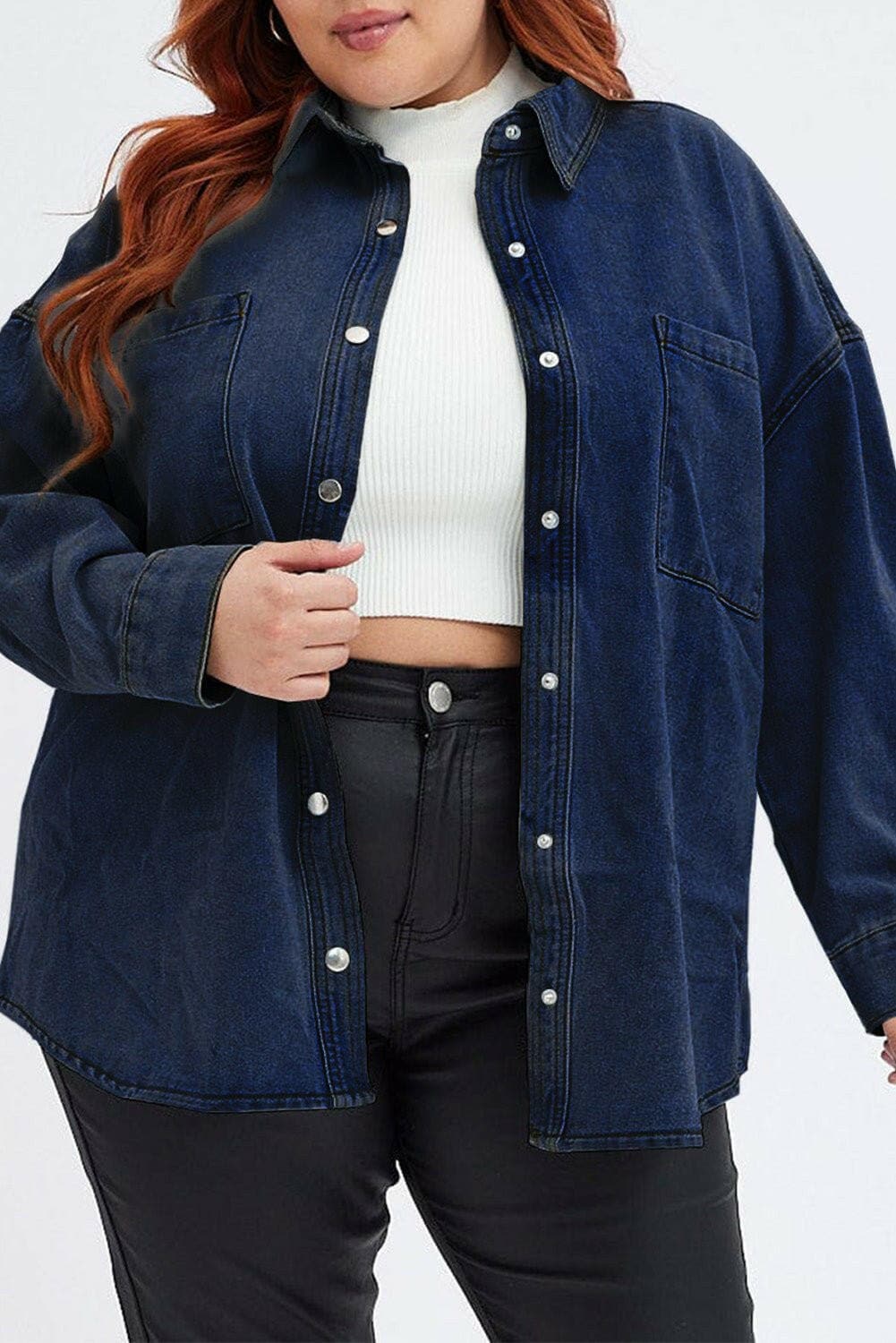 Plus Size Snap Down Pocketed Denim Jacket - Love Salve