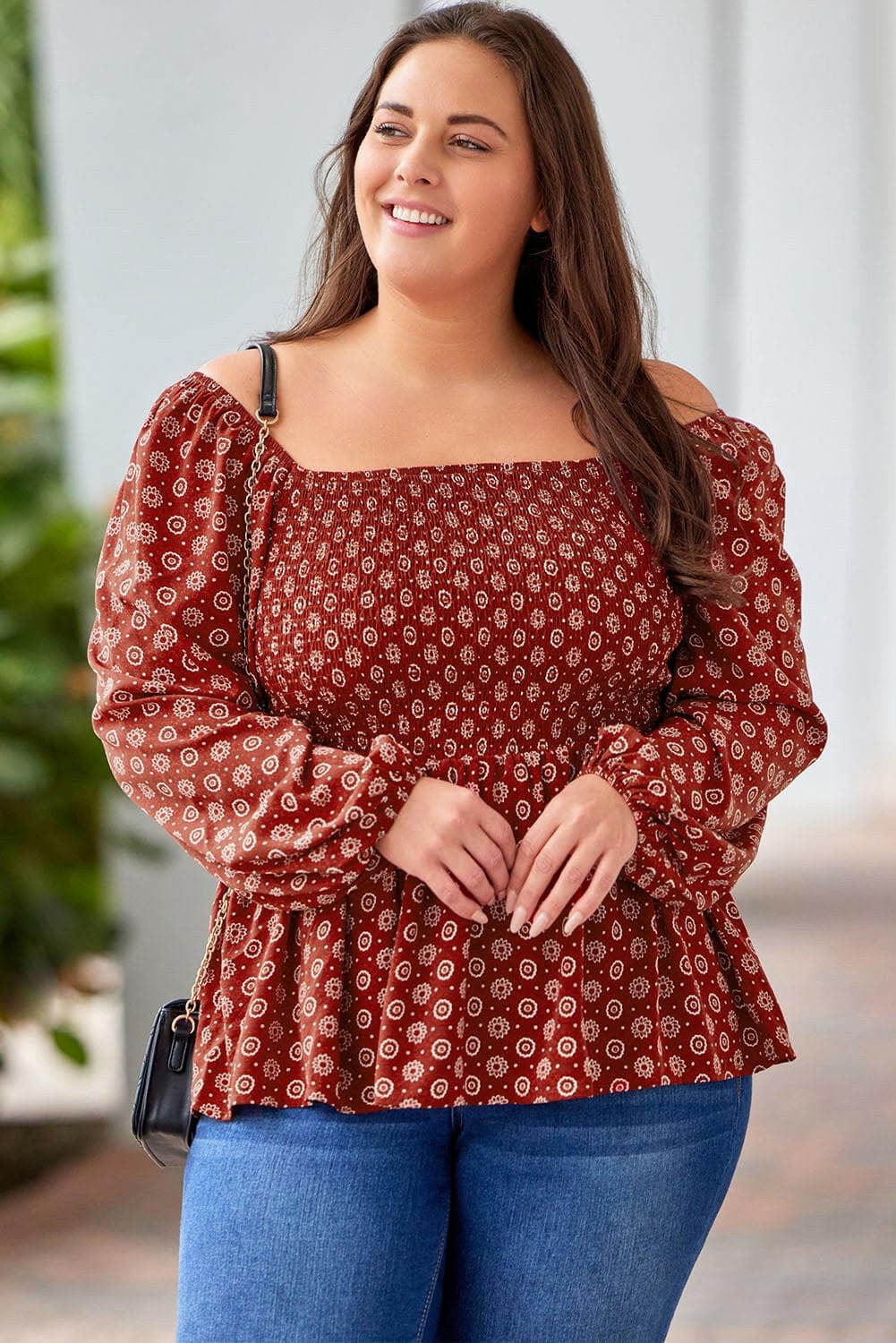 Plus Size Square Neck Balloon Sleeve Peplum Blouse - Love Salve