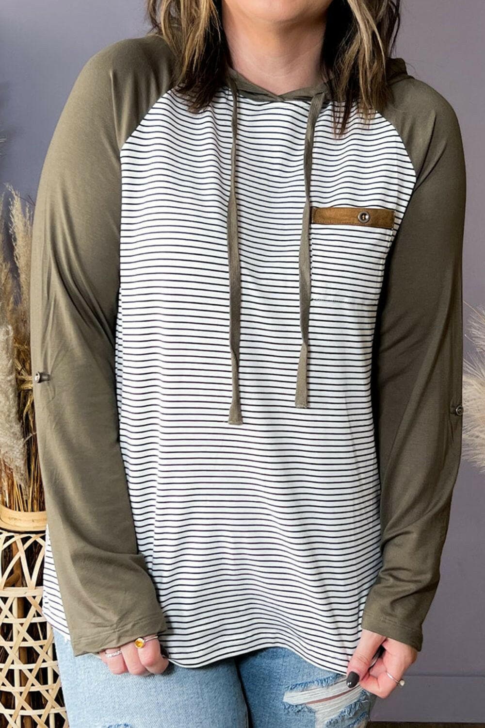 Chic plus size striped long sleeve hoodie with drawstring in olive green and white, ideal for casual comfort and style.