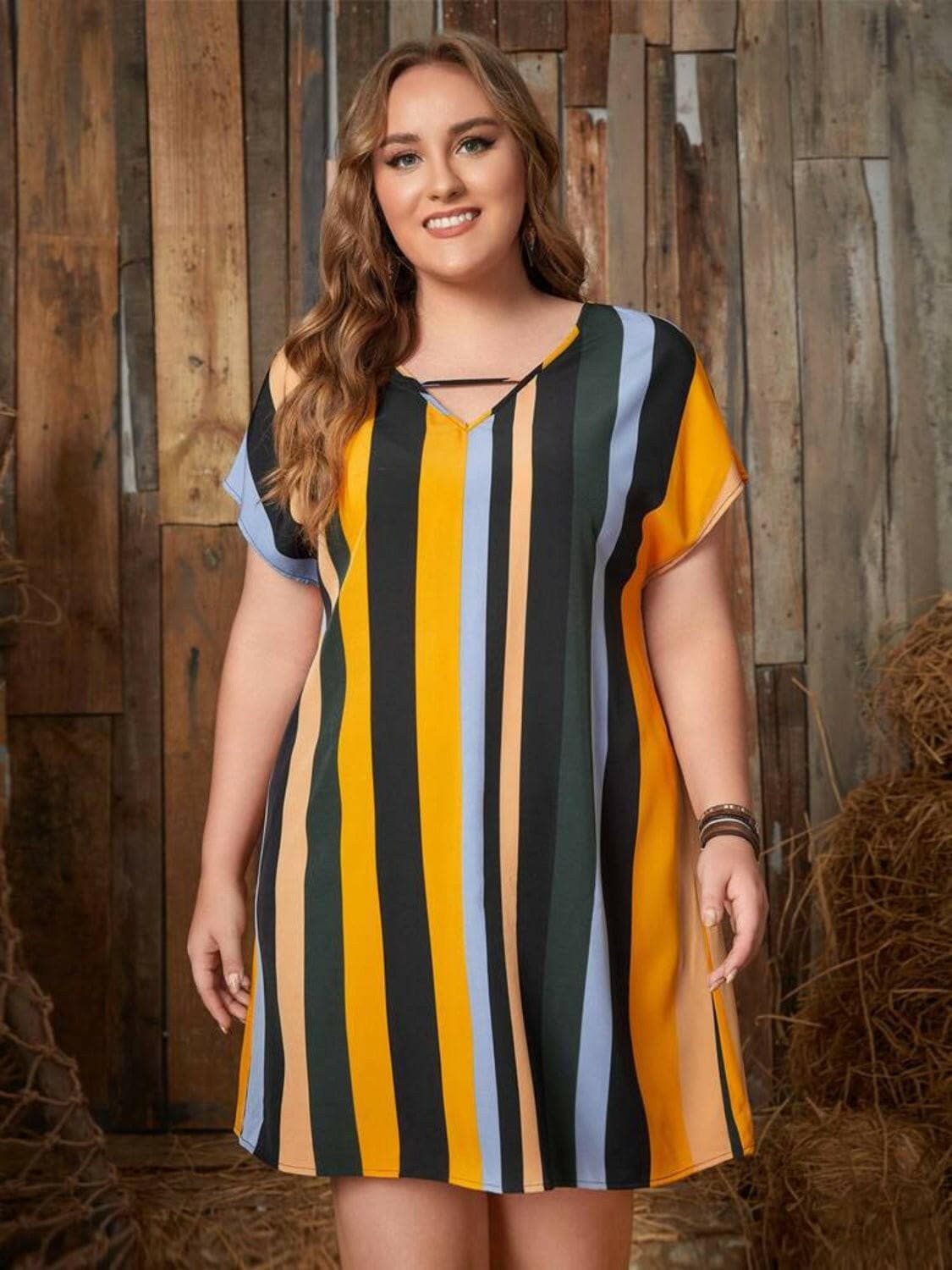 Plus size striped mini dress with short sleeves and colorful vertical stripes.