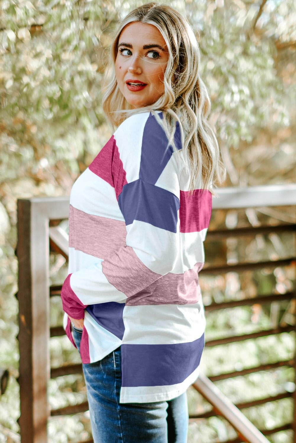 Plus Size Striped Slit Long Sleeve T-Shirt - Love Salve