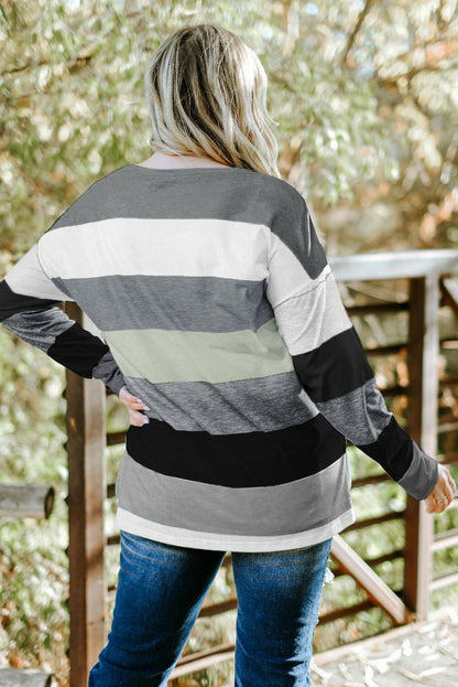 Plus Size Striped Slit Long Sleeve T-Shirt - Love Salve