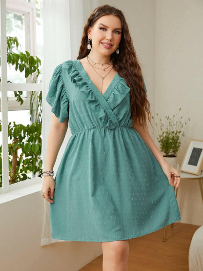 Plus Size Swiss Dot Ruffled Surplice Flutter Sleeve Mini Dress - Love Salve