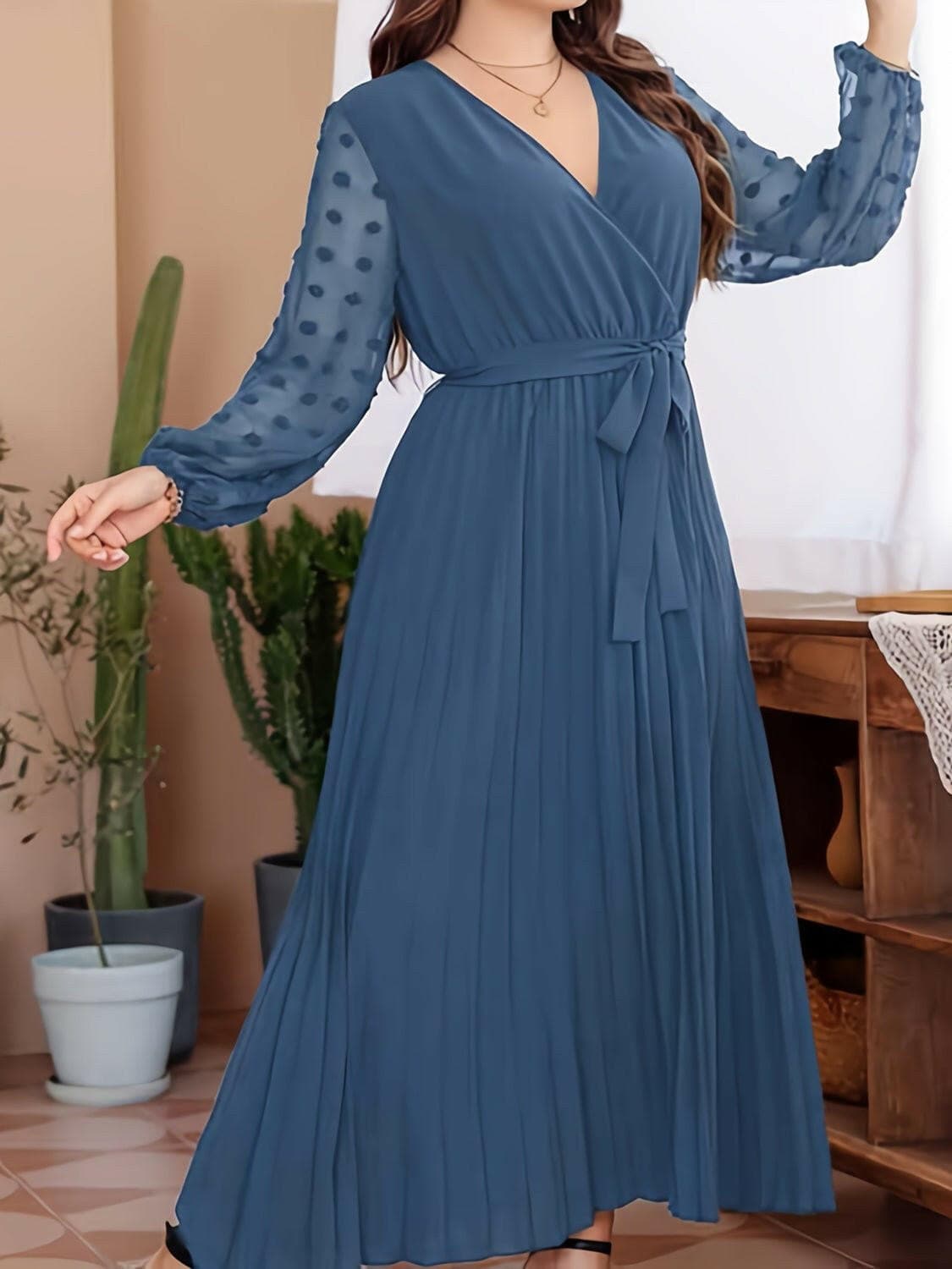 Plus Size Swiss Dot Tie Waist Maxi Dress - Love Salve