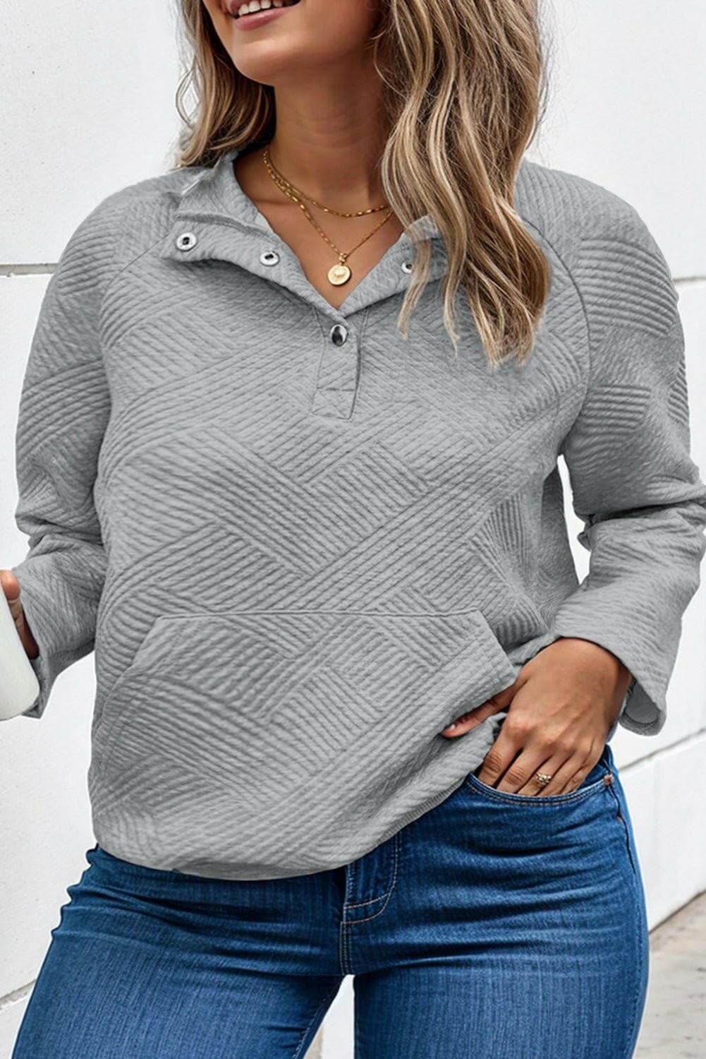 Plus Size Texture Half Snap Long Sleeve Sweatshirt - Love Salve