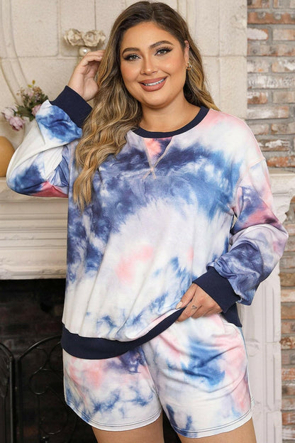 Plus Size Tie-Dye Long Sleeve Top and Shorts Set - Love Salve