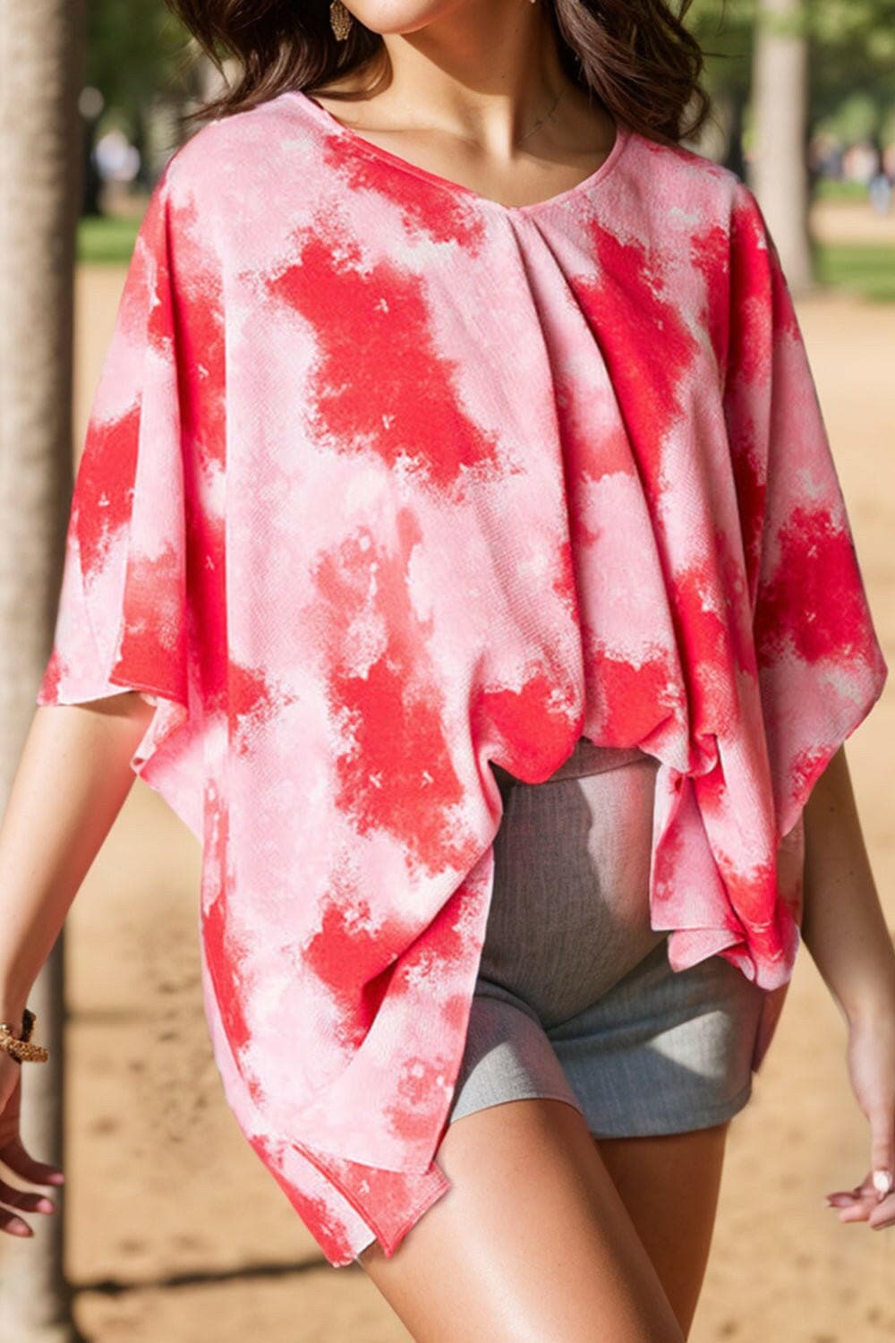 Plus Size Tie-Dye V-Neck Half Sleeve Blouse - Love Salve