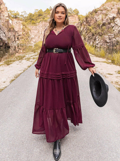 Plus Size Tie Neck Ballon Sleeve Tiered Dress - Love Salve