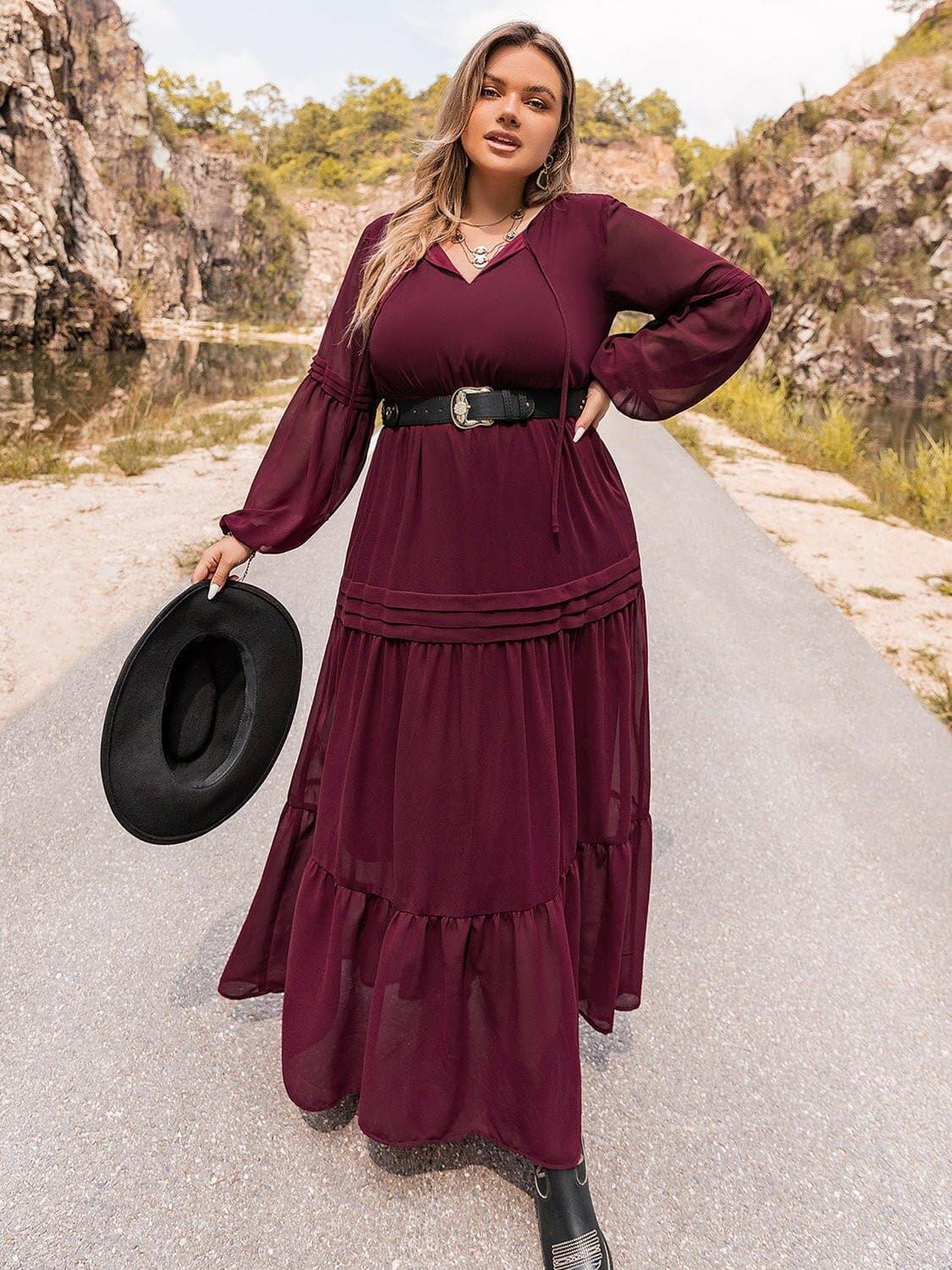 Plus Size Tie Neck Ballon Sleeve Tiered Dress - Love Salve