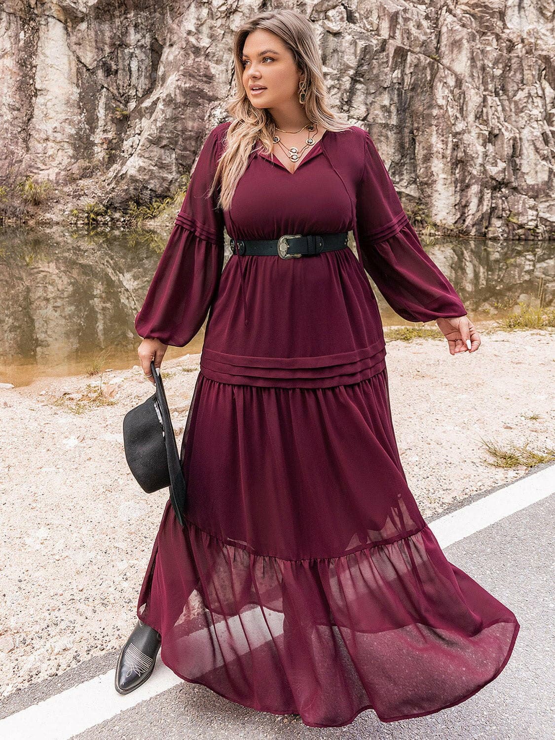 Plus Size Tie Neck Ballon Sleeve Tiered Dress - Love Salve