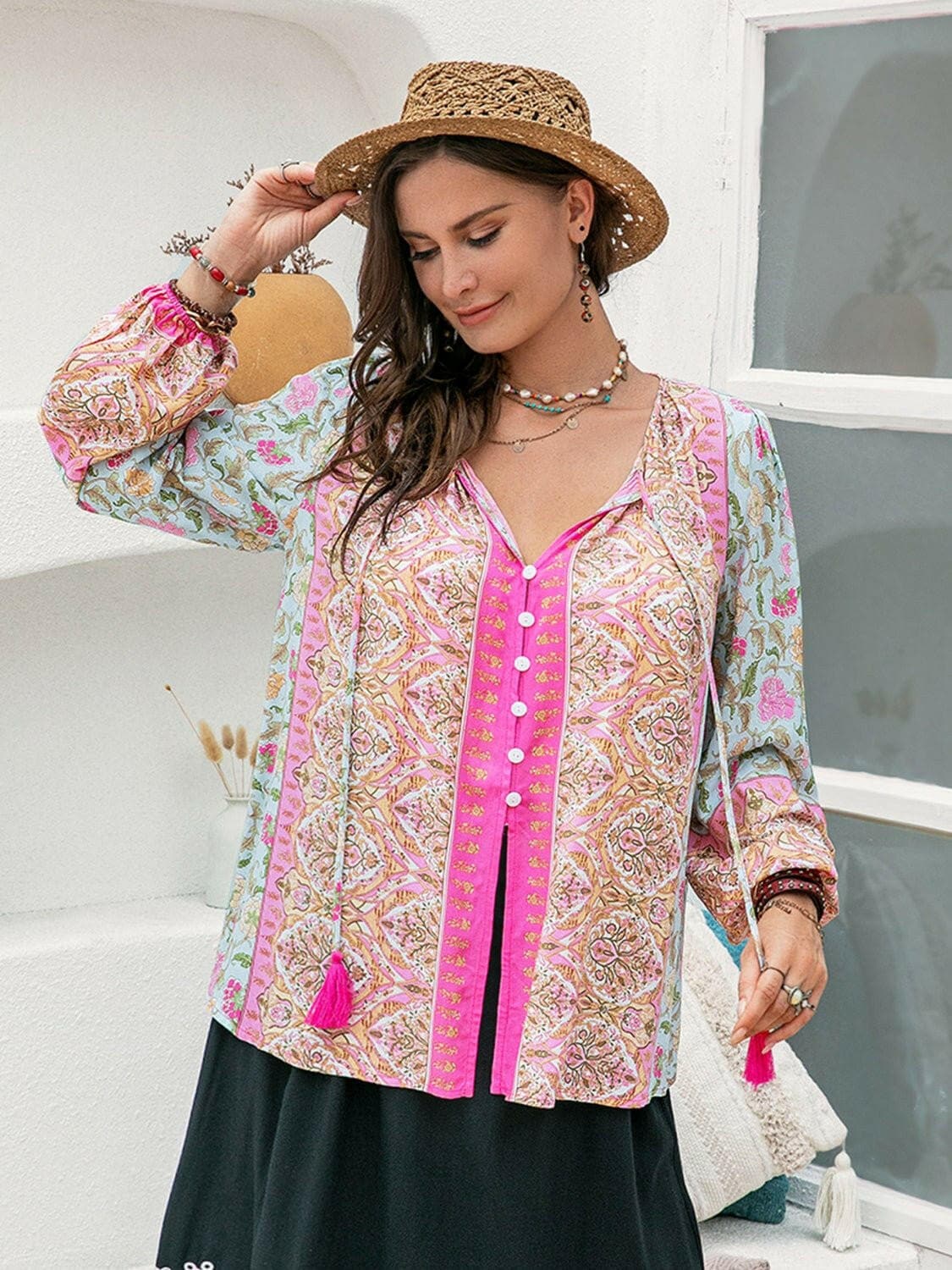 Tassel Printed Plus Size Tie Neck Blouse with Decorative ButtonTassel Printed Plus Size Tie Neck Blouse with Decorative Button
 Upgrade your wardrobe with a touch of sophistication and elegance by adding our Tassel Printed Plus Love Salve Size Tie Neck Blouseplus