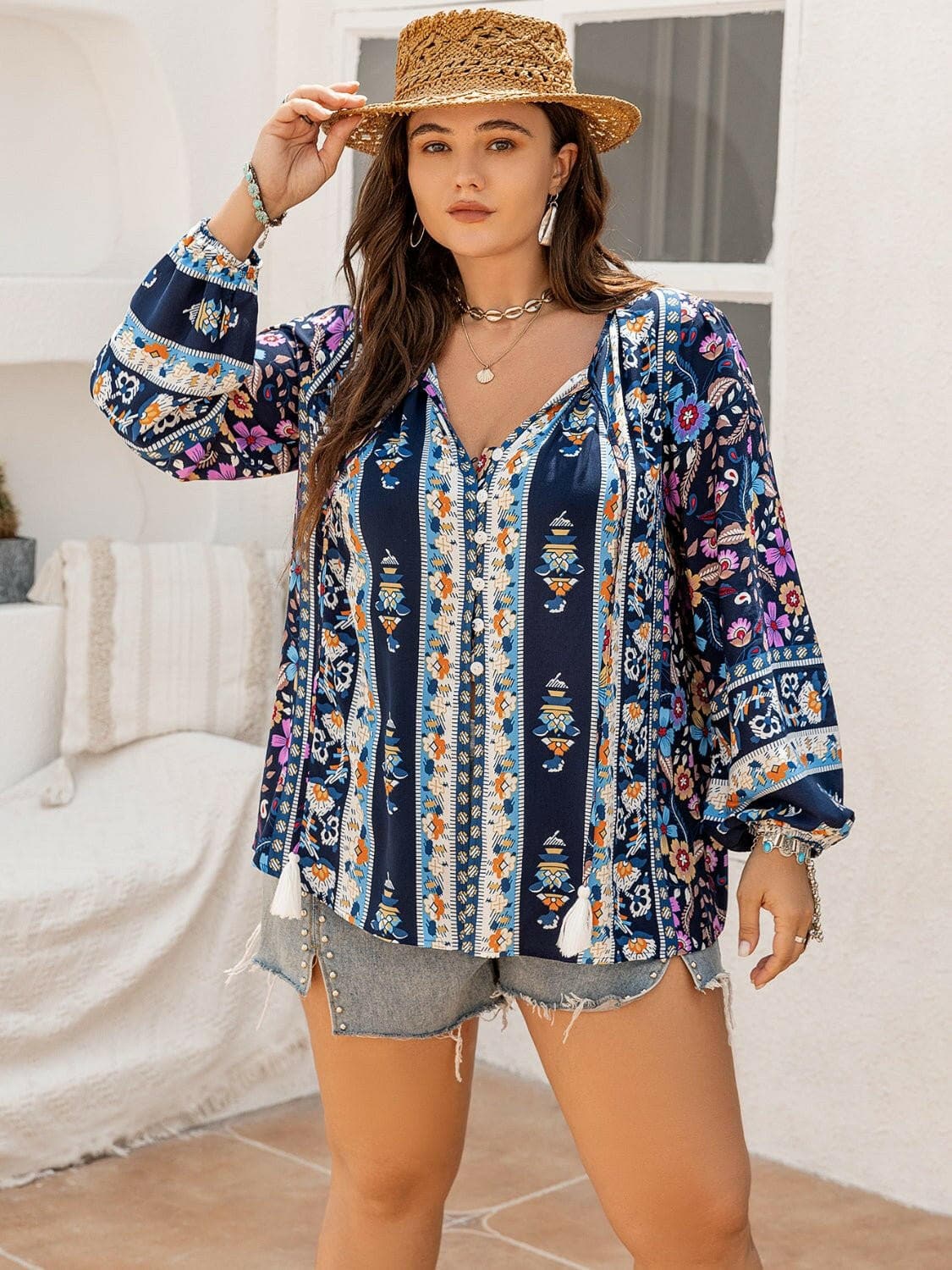 Tassel Printed Plus Size Tie Neck Blouse with Decorative ButtonTassel Printed Plus Size Tie Neck Blouse with Decorative Button
 Upgrade your wardrobe with a touch of sophistication and elegance by adding our Tassel Printed Plus Love Salve Size Tie Neck Blouseplus