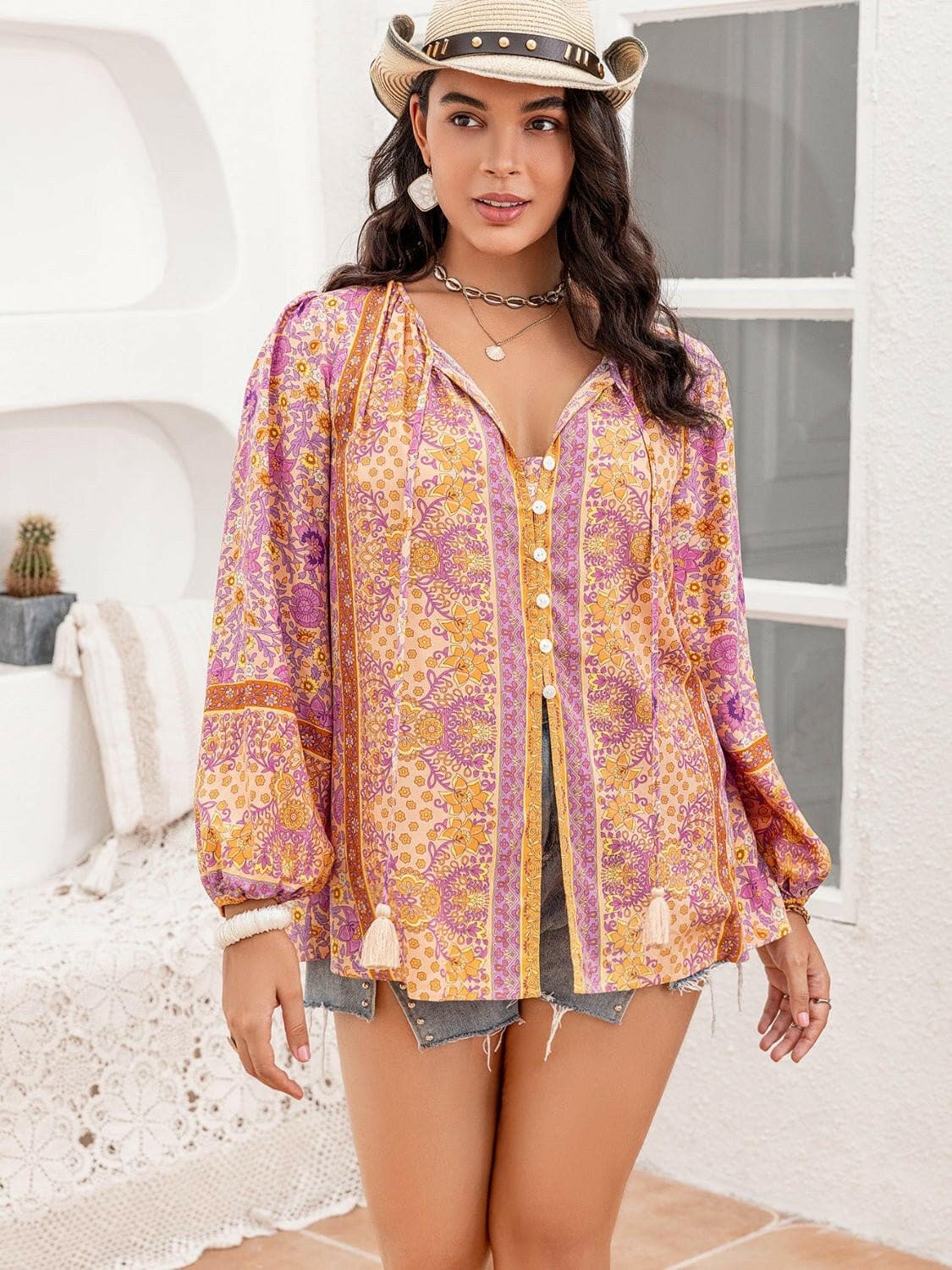 Tassel Printed Plus Size Tie Neck Blouse with Decorative ButtonTassel Printed Plus Size Tie Neck Blouse with Decorative Button
 Upgrade your wardrobe with a touch of sophistication and elegance by adding our Tassel Printed Plus Love Salve Size Tie Neck Blouseplus