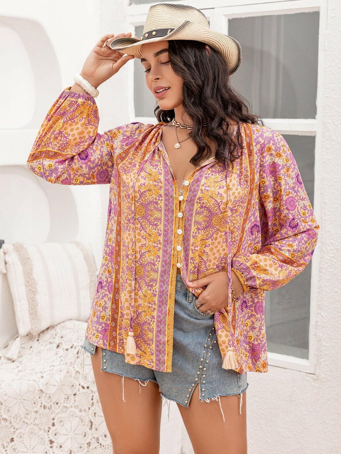 Tassel Printed Plus Size Tie Neck Blouse with Decorative ButtonTassel Printed Plus Size Tie Neck Blouse with Decorative Button
 Upgrade your wardrobe with a touch of sophistication and elegance by adding our Tassel Printed Plus Love Salve Size Tie Neck Blouseplus