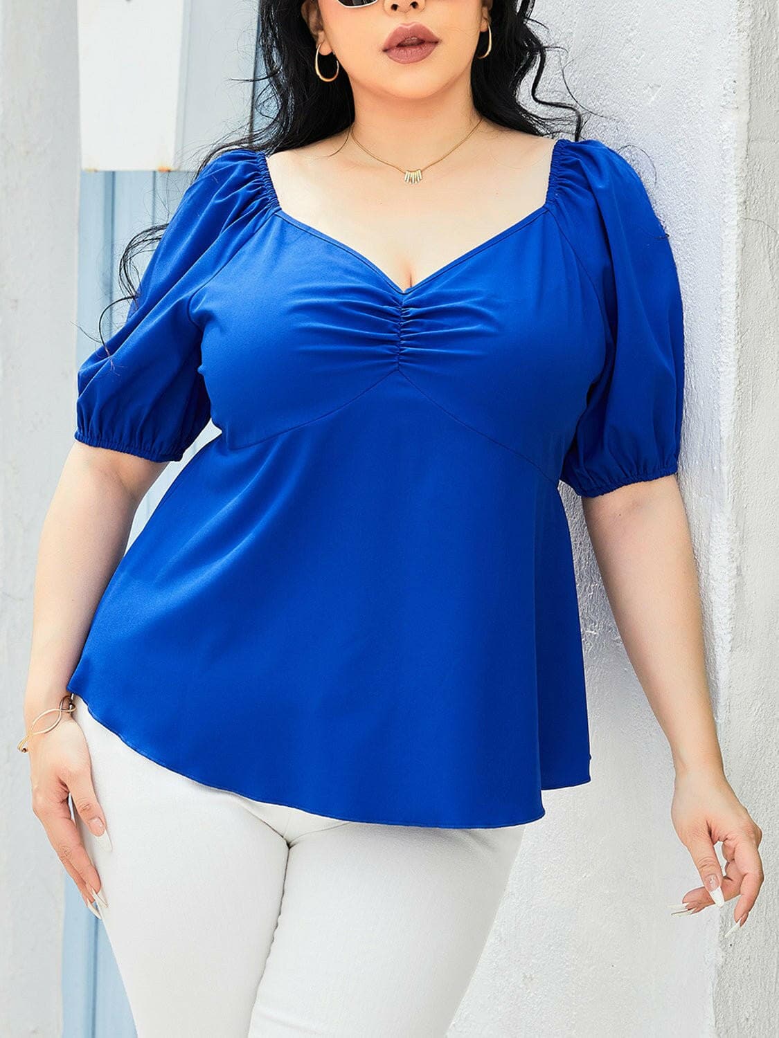 Curvy Chic Sweetheart Neck Balloon Sleeve Top in royal blue with flattering design and versatile wear.