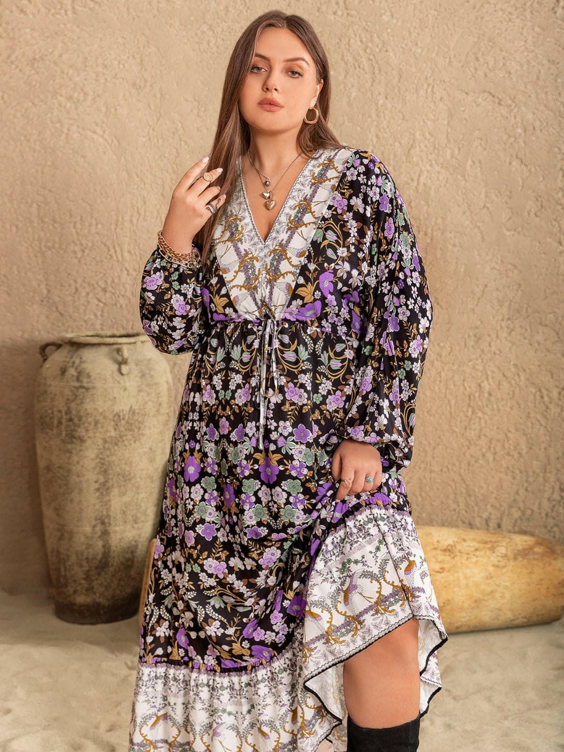 Plus Size V-Neck Balloon Sleeve Printed Midi Dress - Love Salve