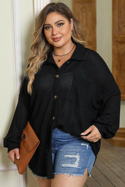 Waffle Knit Plus Size Collared Shirt with Button Up DetailUpgrade Your Wardrobe with Style and Comfort
 Introducing our Waffle Knit Plus Size Collared Shirt with Button Up Detail, a versatile piece that combines fashion andLove Salve Size Collared Shirtplus