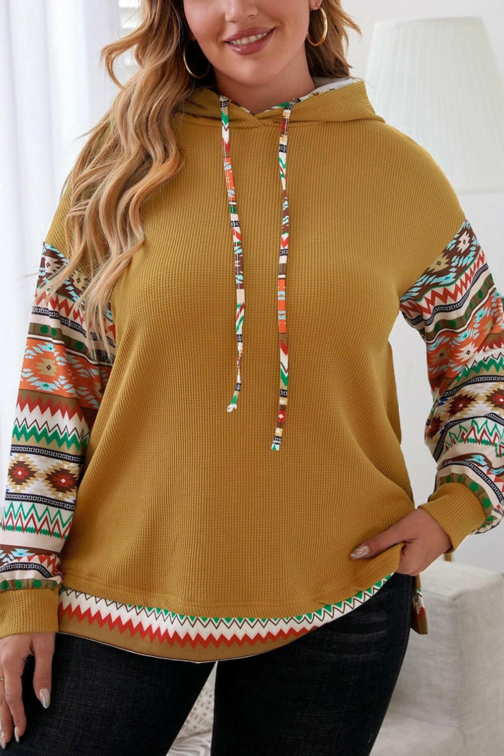 Plus Size Waffle-Knit Geometric Dropped Shoulder Hoodie - Love Salve