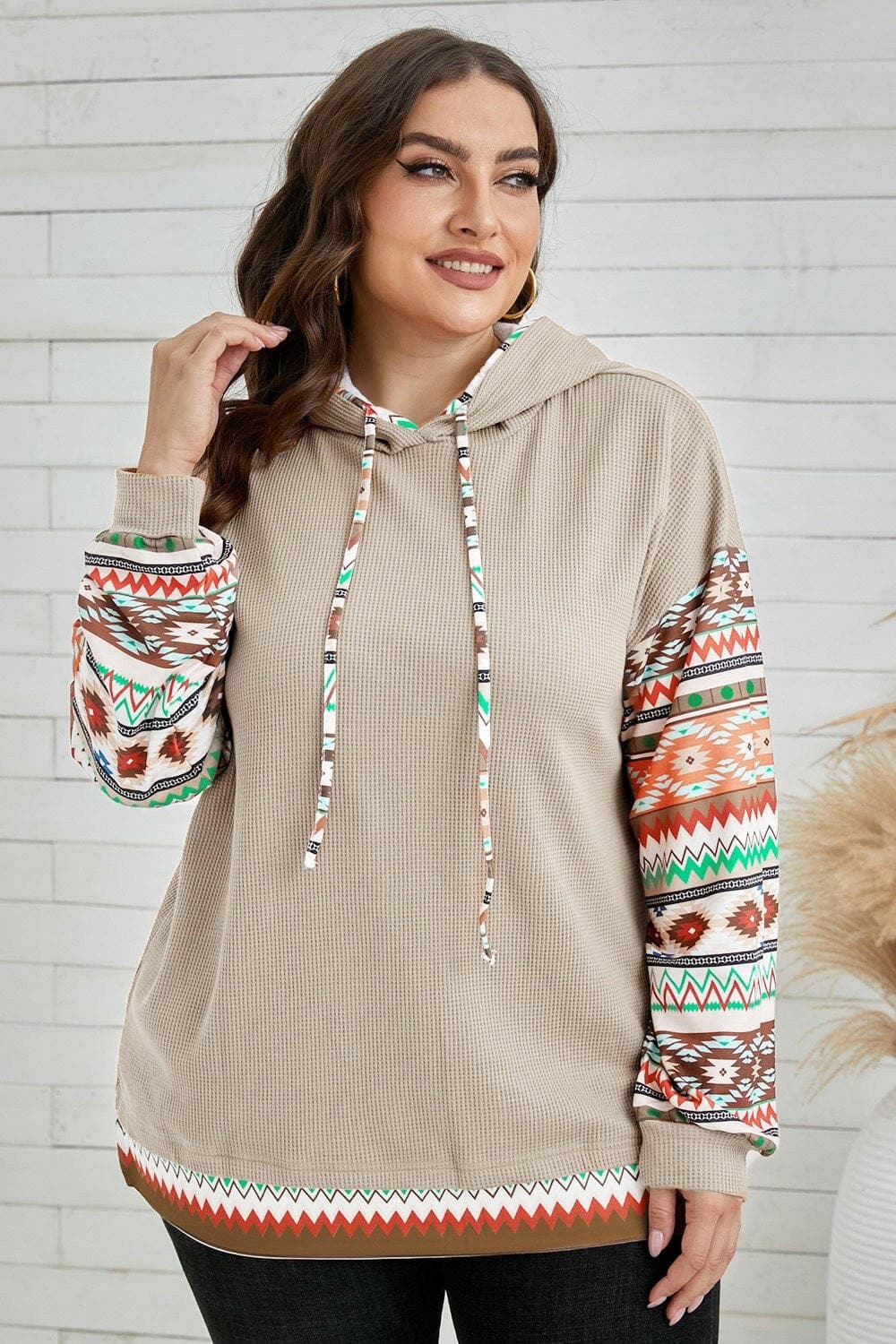 Plus Size Waffle-Knit Geometric Dropped Shoulder Hoodie - Love Salve