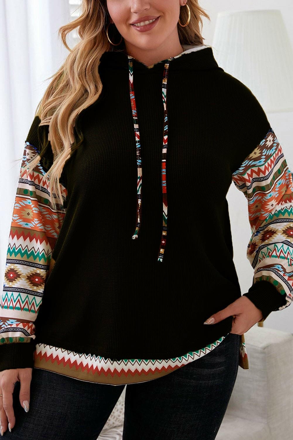 Plus Size Waffle-Knit Geometric Dropped Shoulder Hoodie - Love Salve