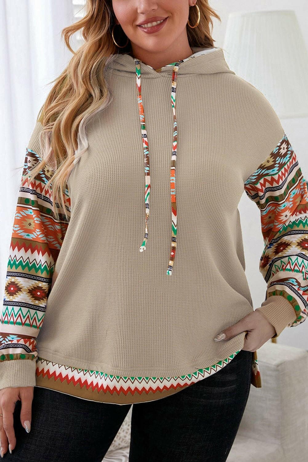 Plus Size Waffle-Knit Geometric Dropped Shoulder Hoodie - Love Salve