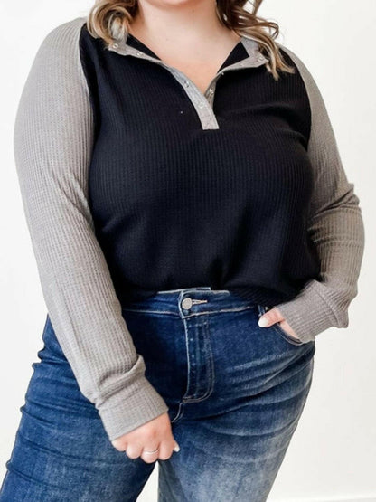 Plus Size Waffle-Knit Half Snap Long Sleeve Shirt - Love Salve