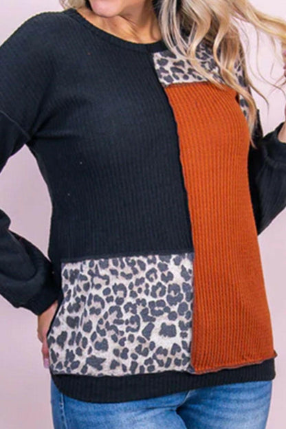 Plus Size Waffle-Knit Leopard Round Neck Blouse - Love Salve