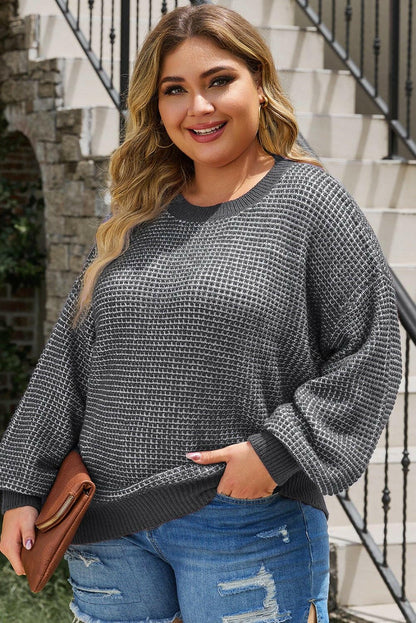 Plus Size Waffle-Knit Round Neck Dropped Shoulder Sweater - Love Salve