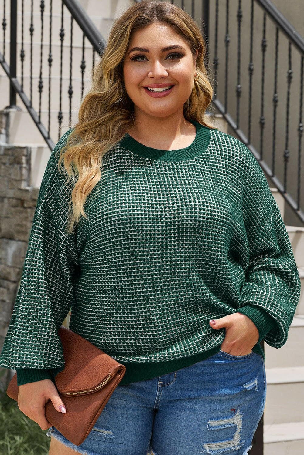 Plus Size Waffle-Knit Round Neck Dropped Shoulder Sweater - Love Salve