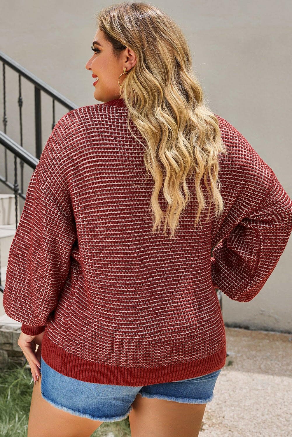 Plus Size Waffle-Knit Round Neck Dropped Shoulder Sweater - Love Salve