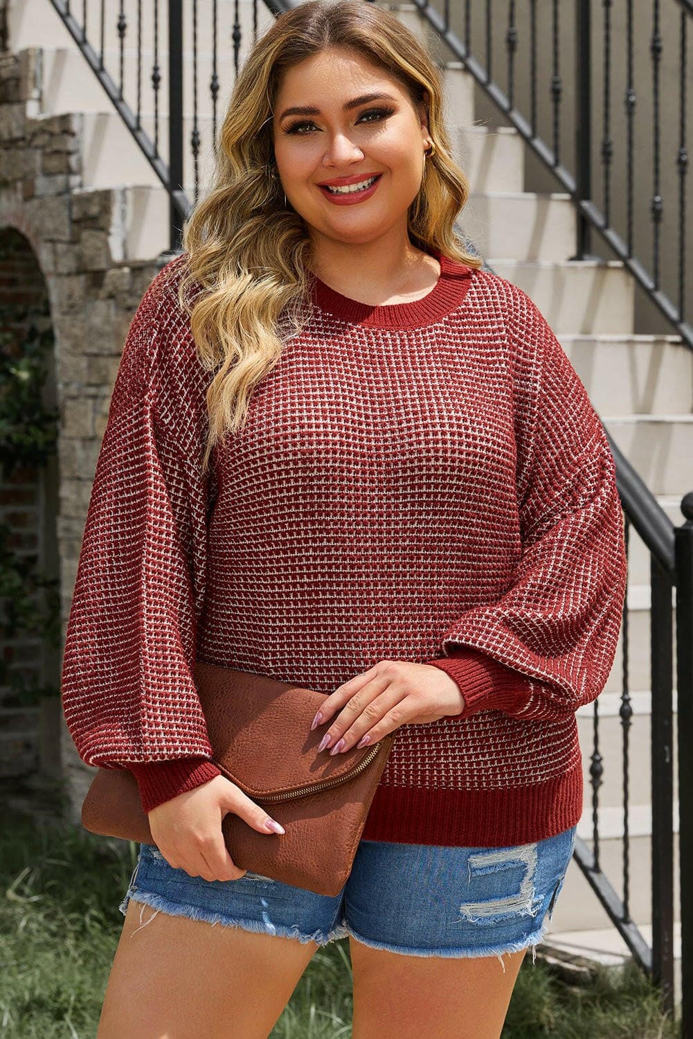 Plus Size Waffle-Knit Round Neck Dropped Shoulder Sweater - Love Salve