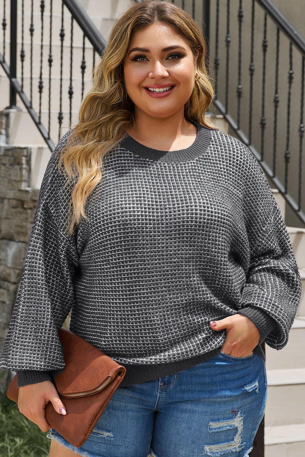 Plus Size Waffle-Knit Round Neck Dropped Shoulder Sweater - Love Salve