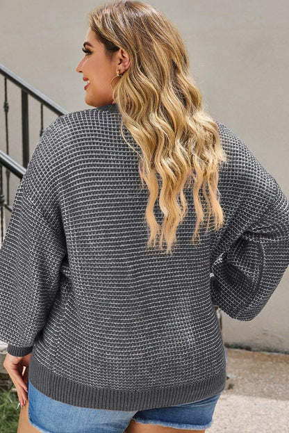 Plus Size Waffle-Knit Round Neck Dropped Shoulder Sweater - Love Salve