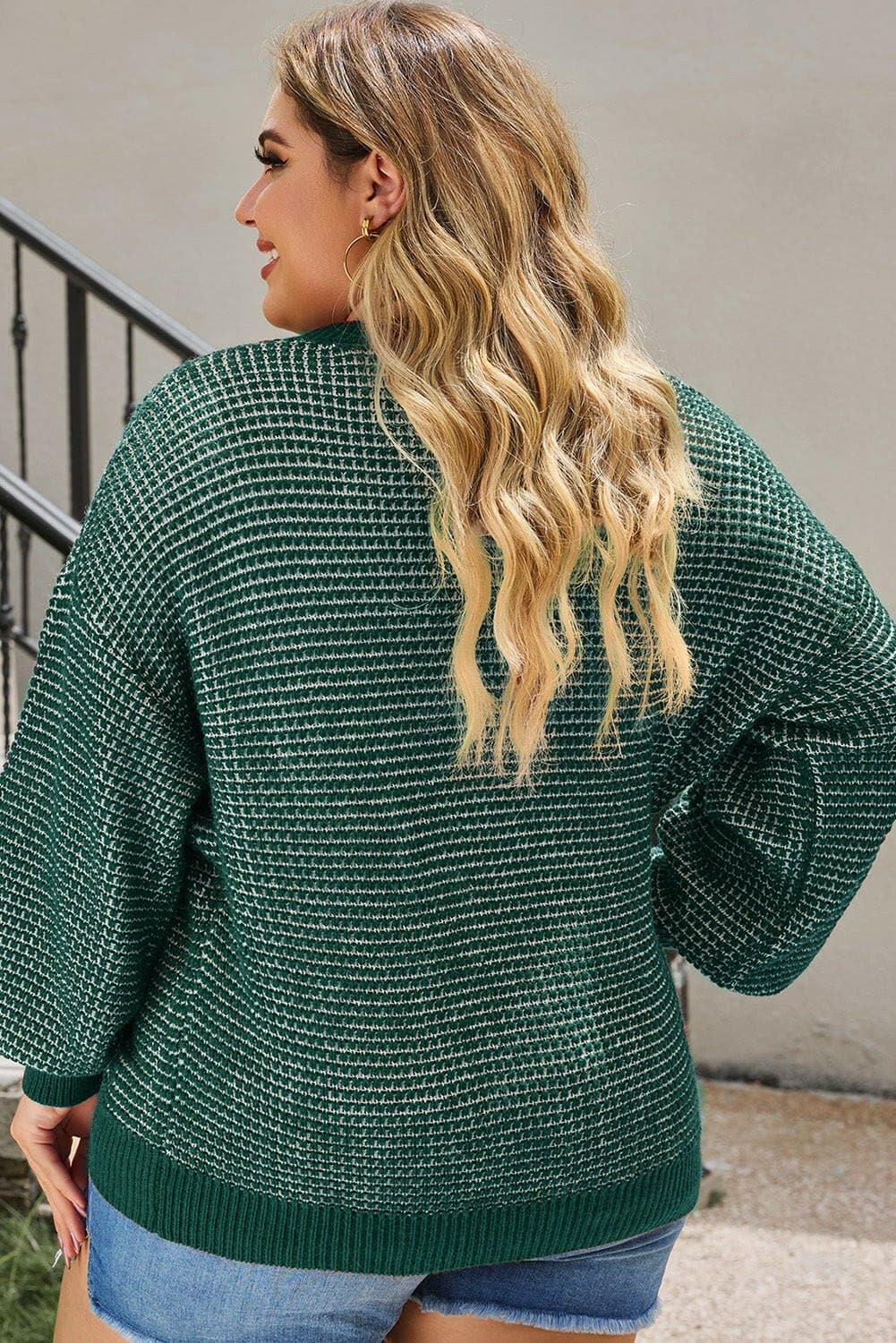 Plus Size Waffle-Knit Round Neck Dropped Shoulder Sweater - Love Salve