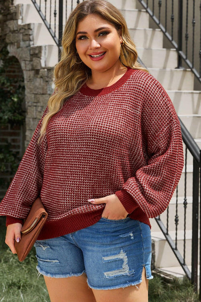 Plus Size Waffle-Knit Round Neck Dropped Shoulder Sweater - Love Salve