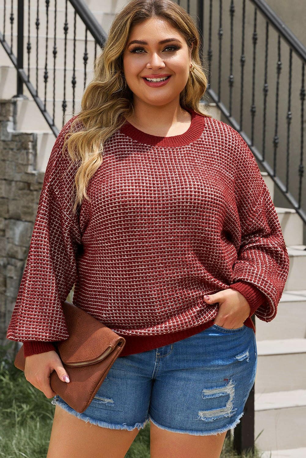 Plus Size Waffle-Knit Round Neck Dropped Shoulder Sweater - Love Salve