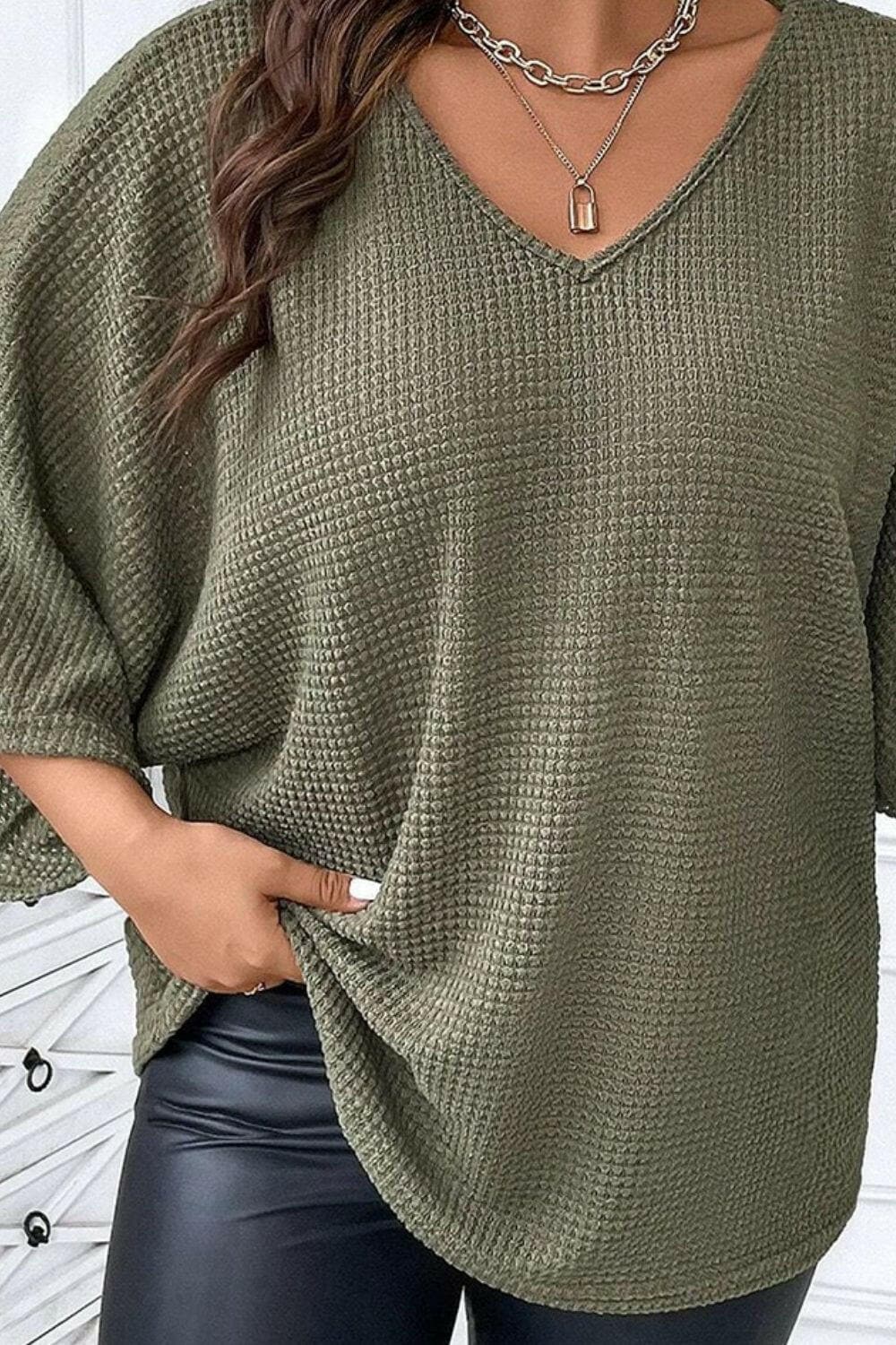 Plus Size Waffle-Knit V-Neck Blouse - Love Salve