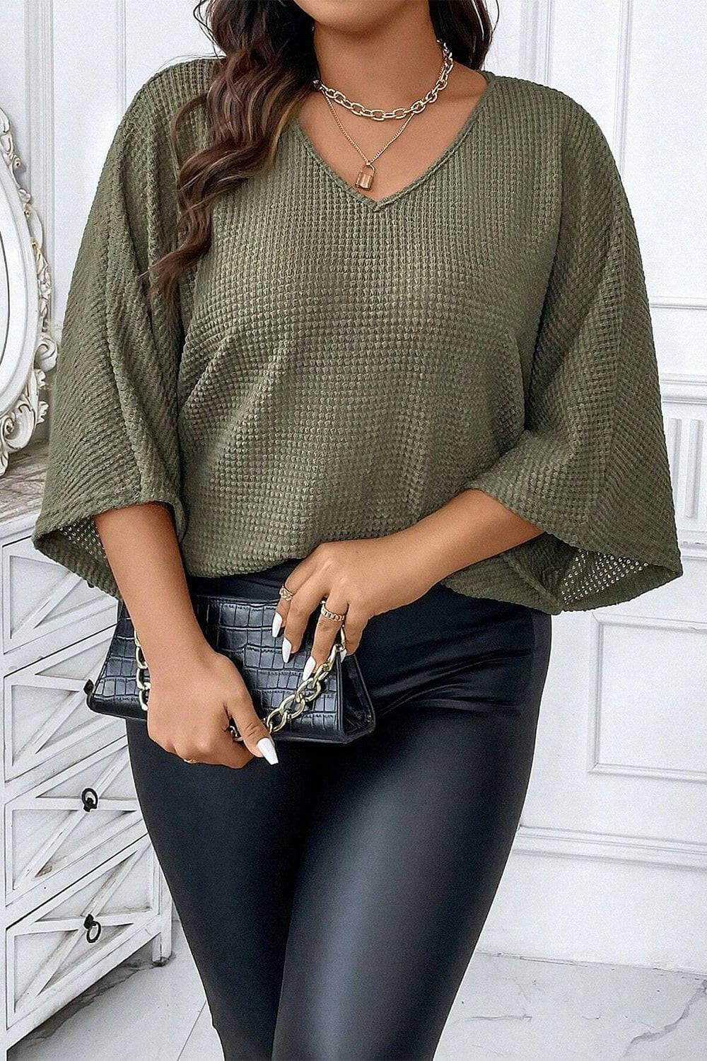 Plus Size Waffle-Knit V-Neck Blouse - Love Salve