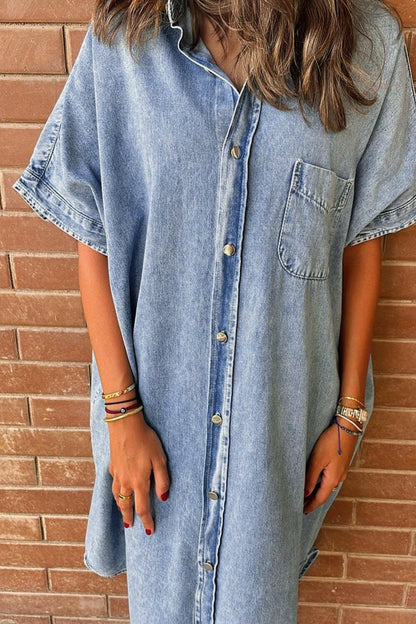 Denim Button Down Half Sleeve Dress with PocketsA Versatile Must-Have: Denim Button Down Half Sleeve Dress with Pockets
 
 
Effortless Style: Elevate your wardrobe with this chic denim dress featuring a button-dowLove Salve Half Sleeve Dressjust arrived