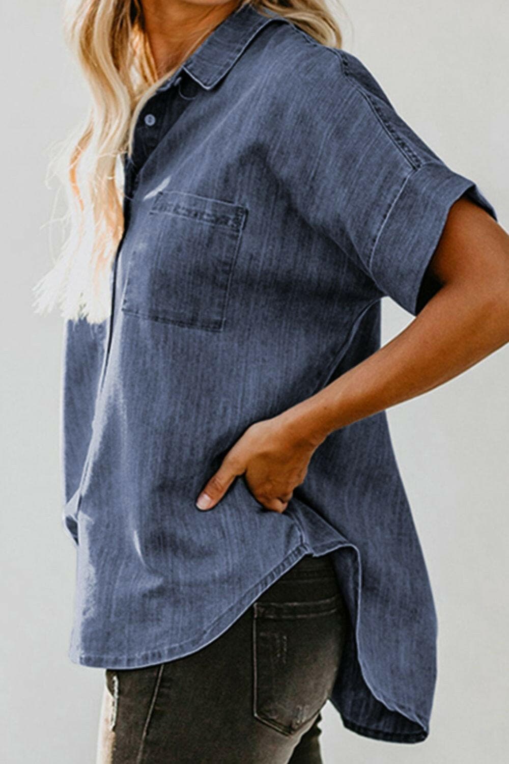 Pocketed Button Up Short Sleeve Denim Shirt - Love Salve