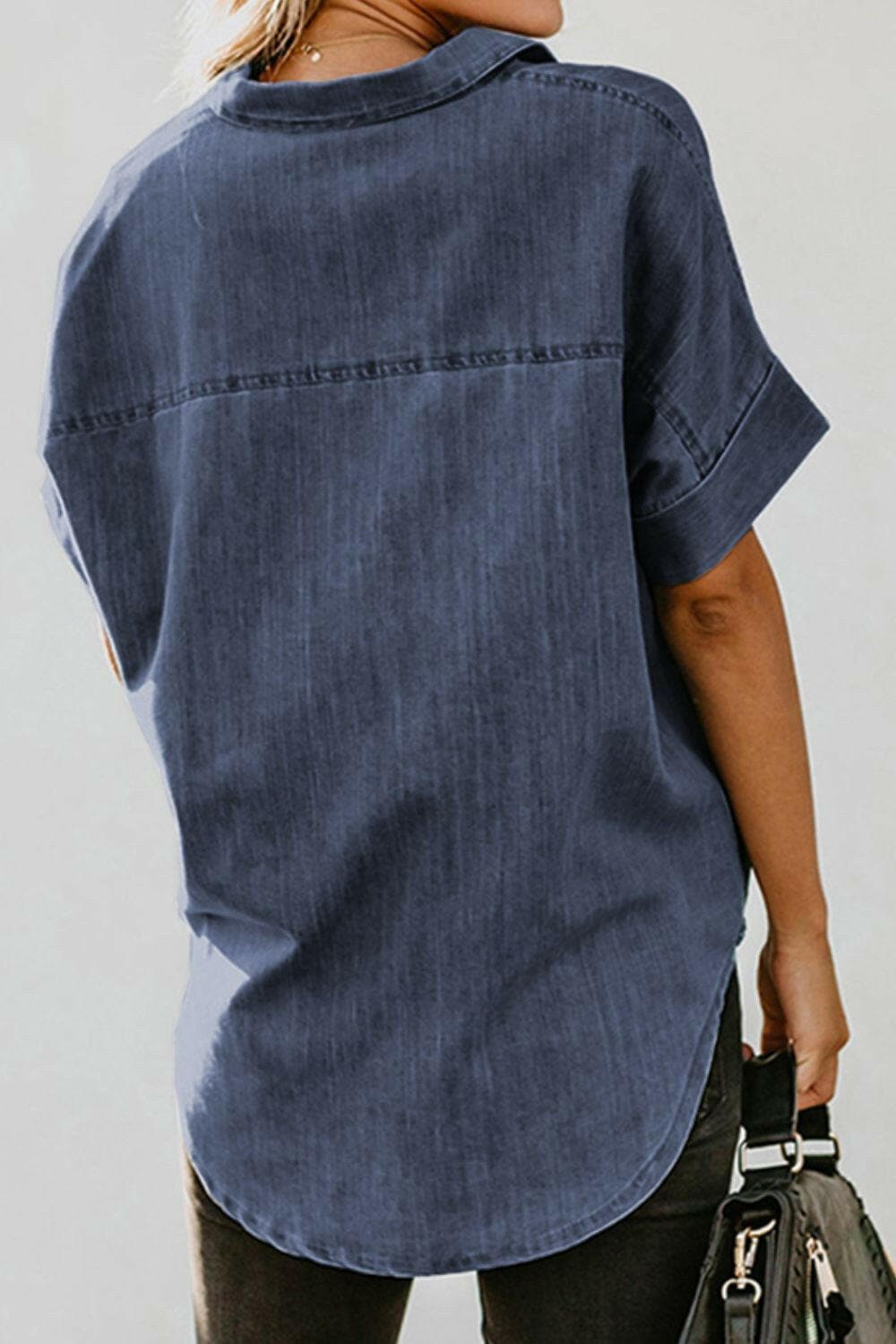 Pocketed Button Up Short Sleeve Denim Shirt - Love Salve