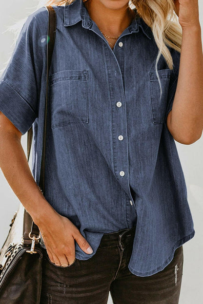 Pocketed Button Up Short Sleeve Denim Shirt - Love Salve