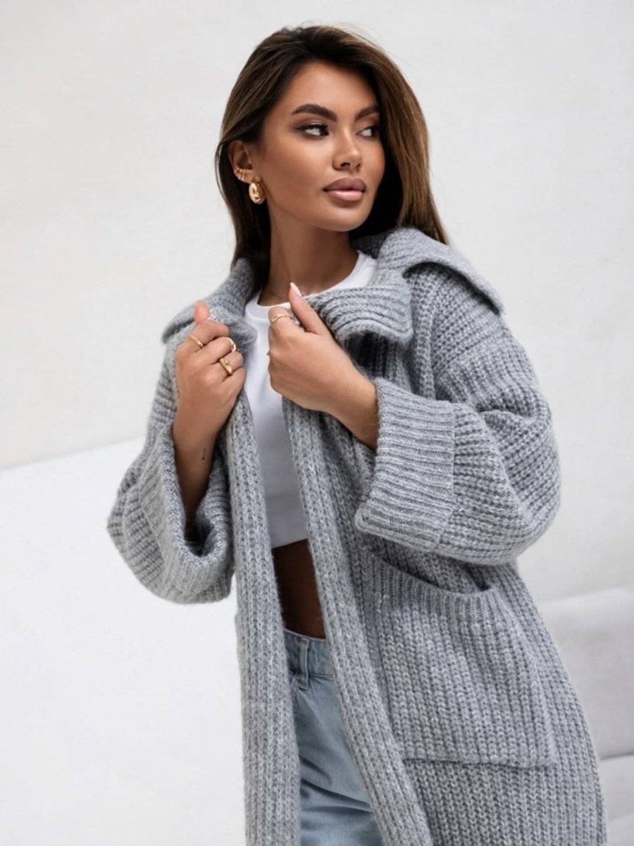 Pocketed Collared Neck Dropped Shoulder Cardigan - Love Salve 