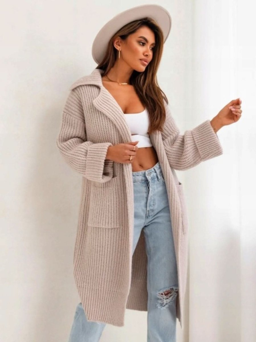 Pocketed Collared Neck Dropped Shoulder Cardigan - Love Salve 