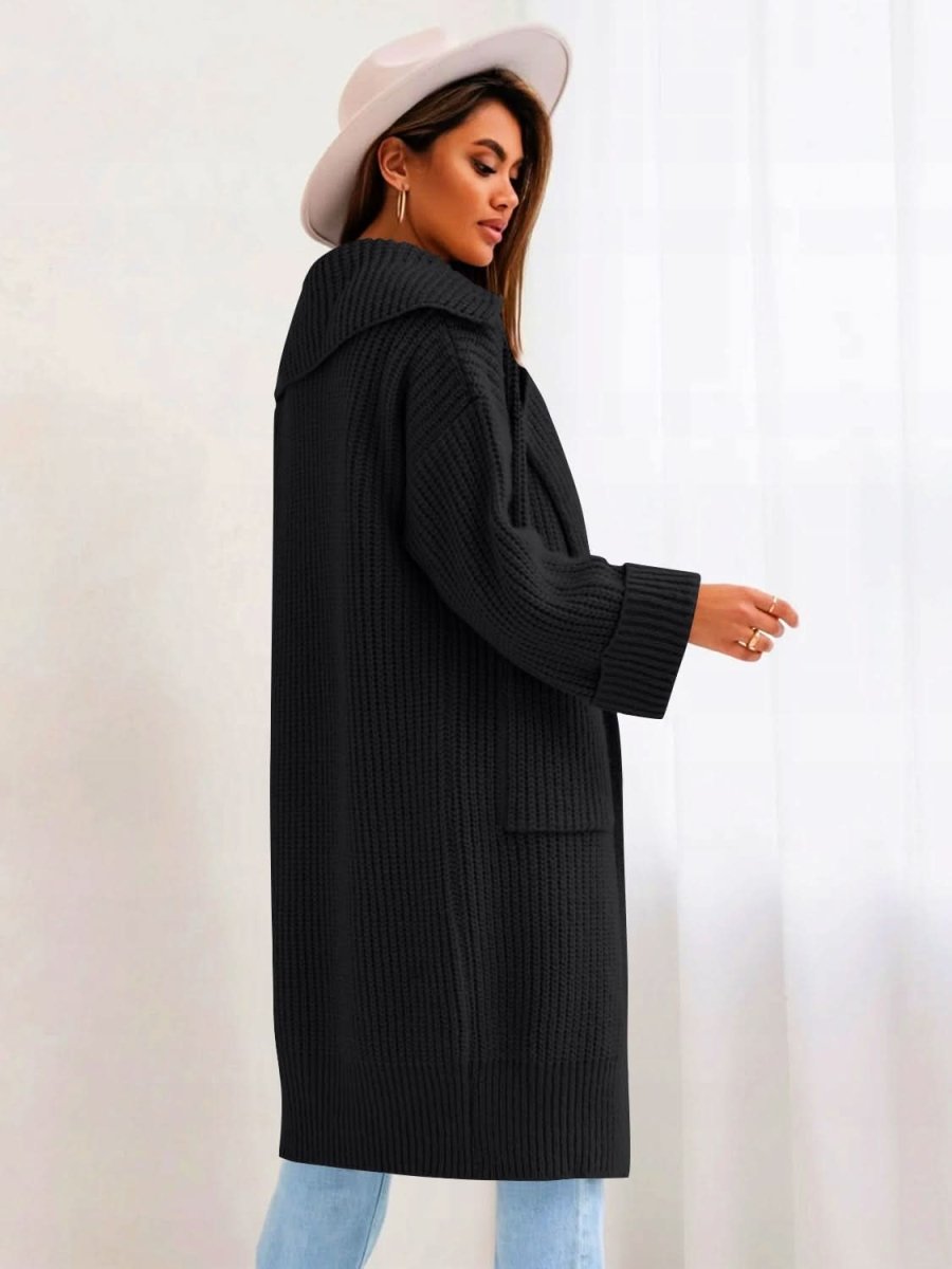 Pocketed Collared Neck Dropped Shoulder Cardigan - Love Salve 