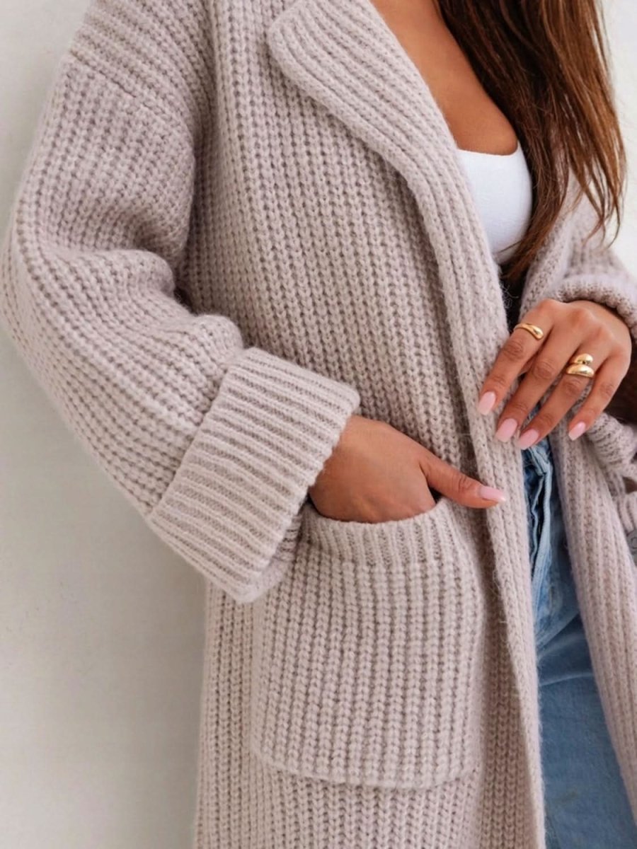 Pocketed Collared Neck Dropped Shoulder Cardigan - Love Salve 