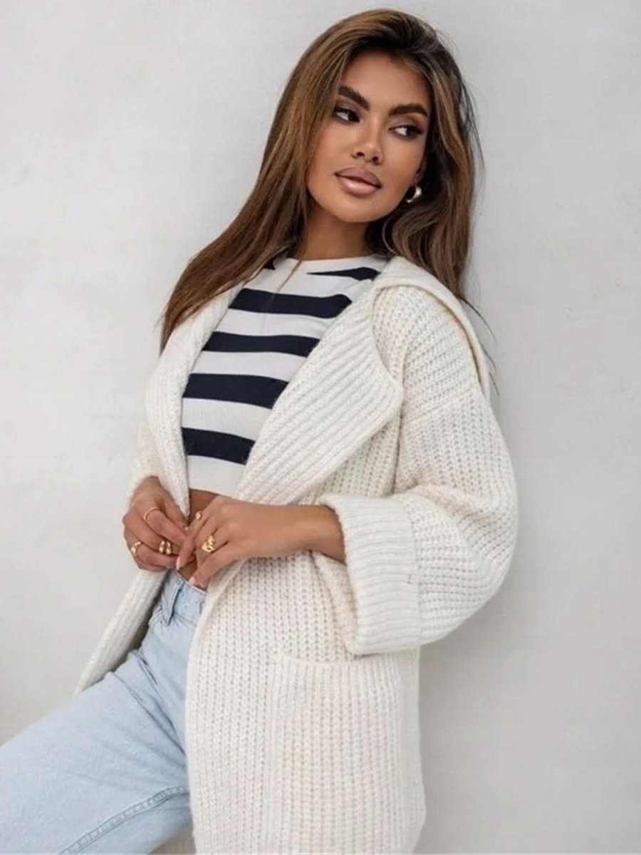 Pocketed Collared Neck Dropped Shoulder Cardigan - Love Salve 