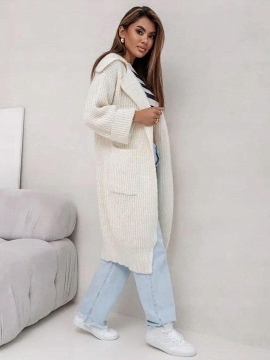 Pocketed Collared Neck Dropped Shoulder Cardigan - Love Salve 