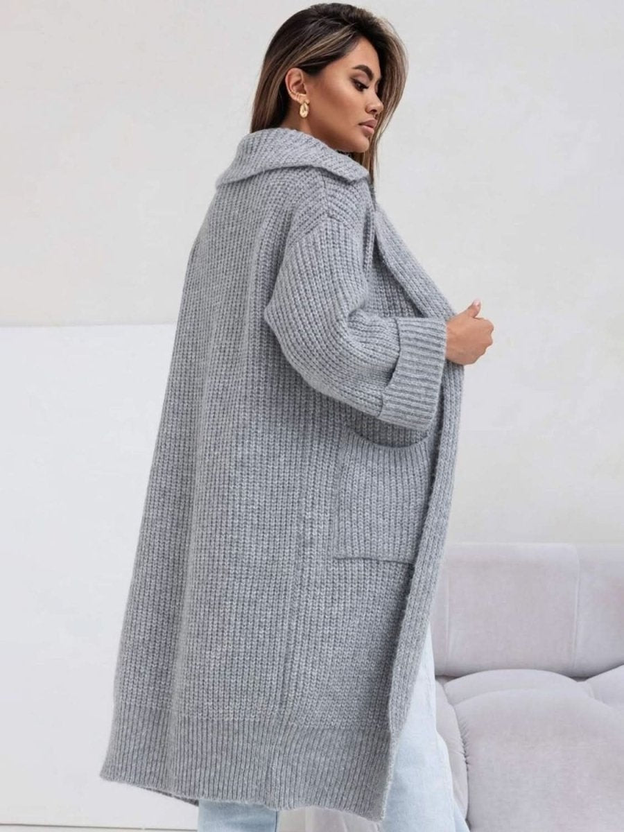 Pocketed Collared Neck Dropped Shoulder Cardigan - Love Salve 